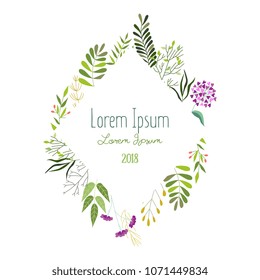 Square frame of green leaves, twigs and herbs with place for text, banner, greeting card, eco logo decoration, vector illustration isolated in white background. Square frame with leaves and herbs