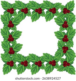 Square frame of green mint leaves and ripe cranberries on a white background, vector drawing.