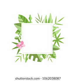 Square frame with green tropical leaves and pink flower on background. Natural border. Flat vector for banner, flyer, greeting card or invitation