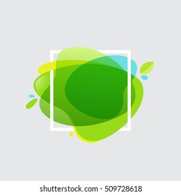 Square frame at green watercolor splash background. Green art. Vector ecology typography for your posters, invitations, cards. 