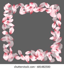 Square frame with grey place for text and pink flower petal confetti border. Invitation template background or greeting card layout design for wedding, anniversary, spring holiday.