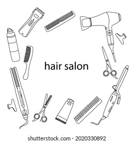 A square frame of hairdressing tools with a copy space in the center. Template logo for a hair salon from accessories,hair dryer, comb, scissors. Outline, sketch in a modern style, vector illustration