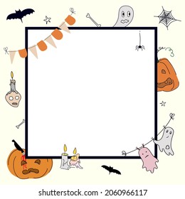 Square frame for Halloween, for presentation on social networks. Vector illustration in doodle style. Cute pumpkins and ghosts.
