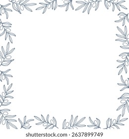 Square frame with hand drawn outline blue olive branches. Mediterranean theme border design.  Isolated vector illustration