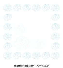 Square frame with hand drawn outline blue twisted meringue (zephyr, marshmallow) isolated on a white background. 