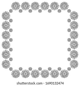 Square frame from hand-drawn black mandalas with place for text on a white background. Hindu Vedic and Buddhist round sacred symbols in the form of flowers. Template for invitation, blank. Vector.