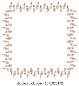 Square frame of hand-drawn bottles for essential oils and medicine with pipettes inside on white. Vector.