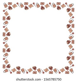 A square frame of hand-drawn doodle roses, love notes and gifts on a white background. For Valentine's Day, wedding invitations, text, advertising, postcards, etc. Vector.