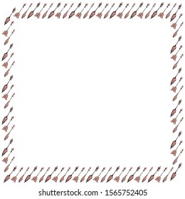 A square frame of hand-drawn ethnic arrows with heart-shaped tips on a white background. Vector.