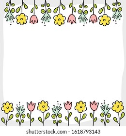 Square frame of hand-drawn flowers. Vector template for photo frames or postcards. Cute tender flowers on a white background. Vector illustration.