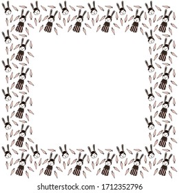 A square frame of hand-drawn isolated elegant little rabbit girls with a blush on their cheeks in long skirts and polka dot jumpers, their portraits with buns of hairstyles, pink carrots. Vector.