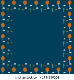 Un marco cuadrado de árboles ornamentales aislados a mano, hojas y una nube de color naranja, verde, beige sobre un fondo azul oscuro. Plantilla de niños naturales forestales para diseño gráfico y de texto. Vector.