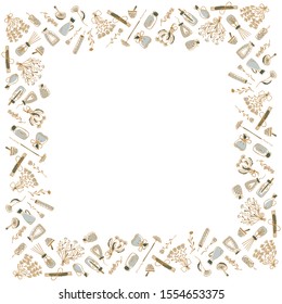 Square frame of hand-drawn spa icons on a white background. Isolated template of doodles on the subject of aromatherapy. Flowers, bouquets, oils, incense, candles, oils, pushers with pestles. Vector.