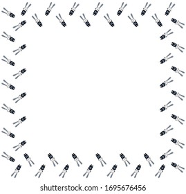 A square frame of hand-drawn toddler rabbits in striped black and blue overalls on a white background. Template for text from cute hare boys. For card, greeting, invitation, banner. Vector.
