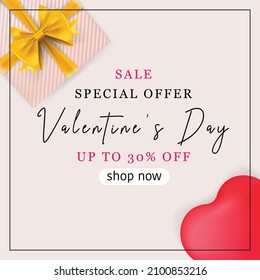 Square frame for Happy Valentine's Day with a gift box and heart. Template for banner, advertisement, card, invitation, voucher. Vector template.
