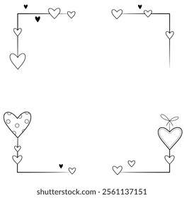 Square frame with hearts. Decorations for Valentine's day, wedding party.  Outline frames for invitation card, celebration and holidays