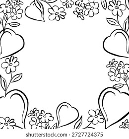 Um quadro quadrado com corações e flores. Ilustração vetorial em estilo de esboço para decoração de livros, livros de colorir, interiores das crianças, cartões de Dia dos Namorados e eventos