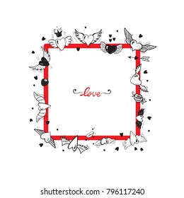 Square Frame of Hearts with Wings for Valentines Day or Wedding greeting cards. Love Vector Set. Beautiful Doodle Heart tattoo. Hand drawn illustration
