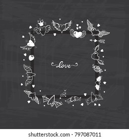 Square Frame of Hearts with Wings for Valentines Day or Wedding greeting cards. Love Vector Set. Beautiful Doodle Heart tattoo. Hand drawn illustration