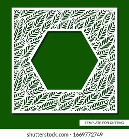 Square frame with a hexagonal hole for the photo. Floral ornament with leaf pattern. Openwork template for laser cutting, metal engraving, wood carving, paper cut and printing. Vector illustration.