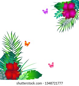 Square frame with hibiscuses and palm leaves on white background for wedding, birthday and party. 
Design for banner, poster, wrapping, card and invitation. Vector illustration.