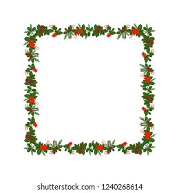 Square frame with Holly berry, pine branch and cones, snowflakes and serpentine. Border for traditional ornamental wreath from plants for greeting cards for for Merry Christmas and Happy New Year.