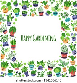 square frame of home plants, flowers in pots, home garden or greenhouse, place for text, elements on white. Flat style, Scandinavian. Vector illustration
