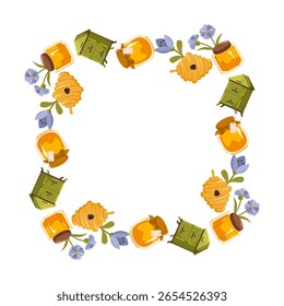 Square frame with honeycombs, honey jar, flowers. Cute bee products with flowers square frame flat vector illustration isolated on white. Circle template for summer designs, farm supplies, honey label
