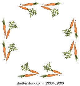 Square frame with horizontal beautiful carrots. Isolated wreath on white background for your design