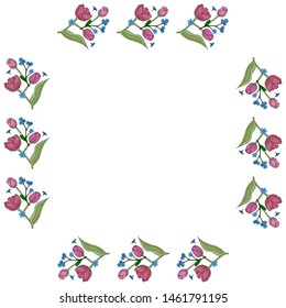 Square frame with horizontal blue flowers forget-me-not and pink tulips on white background. Vector image. 
