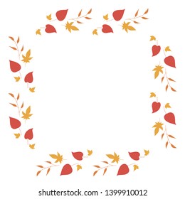 Square frame with horizontal orange branches, yellow and red leaves on white background. Isolated wreath for your design.