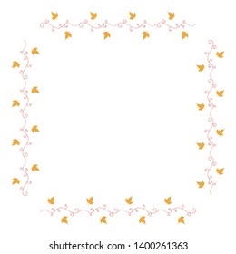 Square frame with horizontal red decorative elements and little yellow leaves on white background. Isolated wreath for your design.