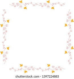 Square frame with horizontal yellow leaves and red decorative elements on white background. Isolated frame for your design.
