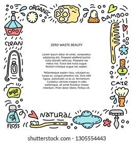 Square frame with hygienics symbols. Zero waste concept. Eco natural style banner template with place for text