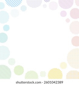Square frame illustration of colorful dots and striped circles arranged in a circle