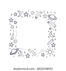 A square frame illustration composed of hand drawn celestial doodles including stars planets moons comets and suns on a white background