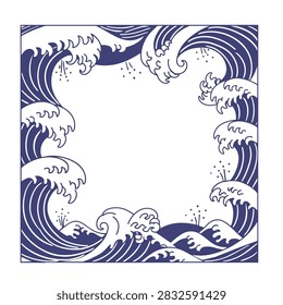 A square frame illustration featuring stylized blue ocean waves in a traditional Japanese art style with a white empty space in the center.