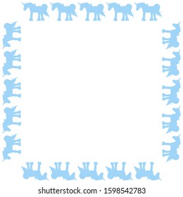 Square frame with interesting blue unicorn on white background. Vector image. 