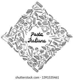 Square frame with italian macaroni of different kinds. Black hand draw on white background. Vector illustration