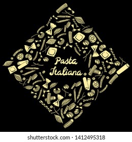Square frame with italian macaroni of different kinds. light yellow coloured hand draw on black background. Vector illustration