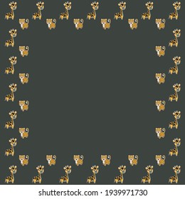 The square frame of joyful cartoon baby giraffes and leopards on a dark gray background.  African animals empty template. Vector.