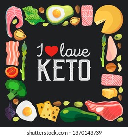 Square frame with ketogenic diet products isolated on a black background. Vector illustration of keto food.