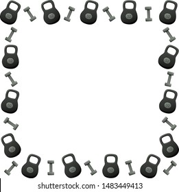 A square frame with kettlebells and dumbbells