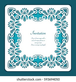 Square frame with lace border pattern, swirly vector ornament suitable for laser cutting or cutout paperwork, vintage decoration for greeting card or wedding invitation, eps10