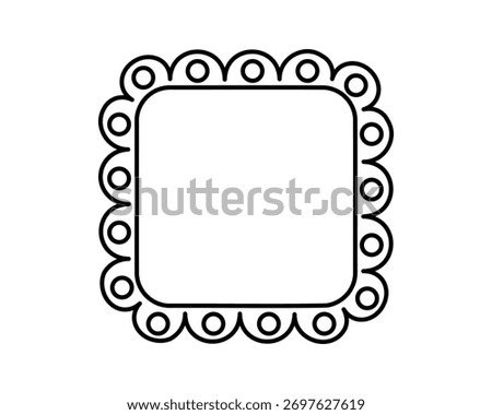 Square frame with laced edges. Cite vignette for photo, picture or mirror with frilly borders. Empty box, tag or label isolated on white background. Vector graphic illustration.