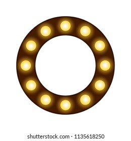 Square frame with lamps, place for text or photo with lighting bulbs, decorative glowing bounding box and border, vector illustration