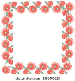 Square frame of large buds of poppies with stems and leaves on a white background. Vector.