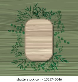 square frame with laurel leafs wooden background