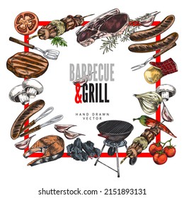 Square frame layout with grilled meat and sausages, engraving style colored vector illustration isolated on white background. Hand drawn backdrop for BBQ and grill.