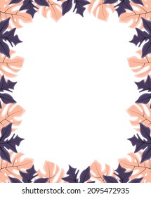 Square frame of leaf. Exotic leaves and plants, collected in a composition in a Square on a white background. Natural floral template . Postcard for your text. Vector greeting card for your design.